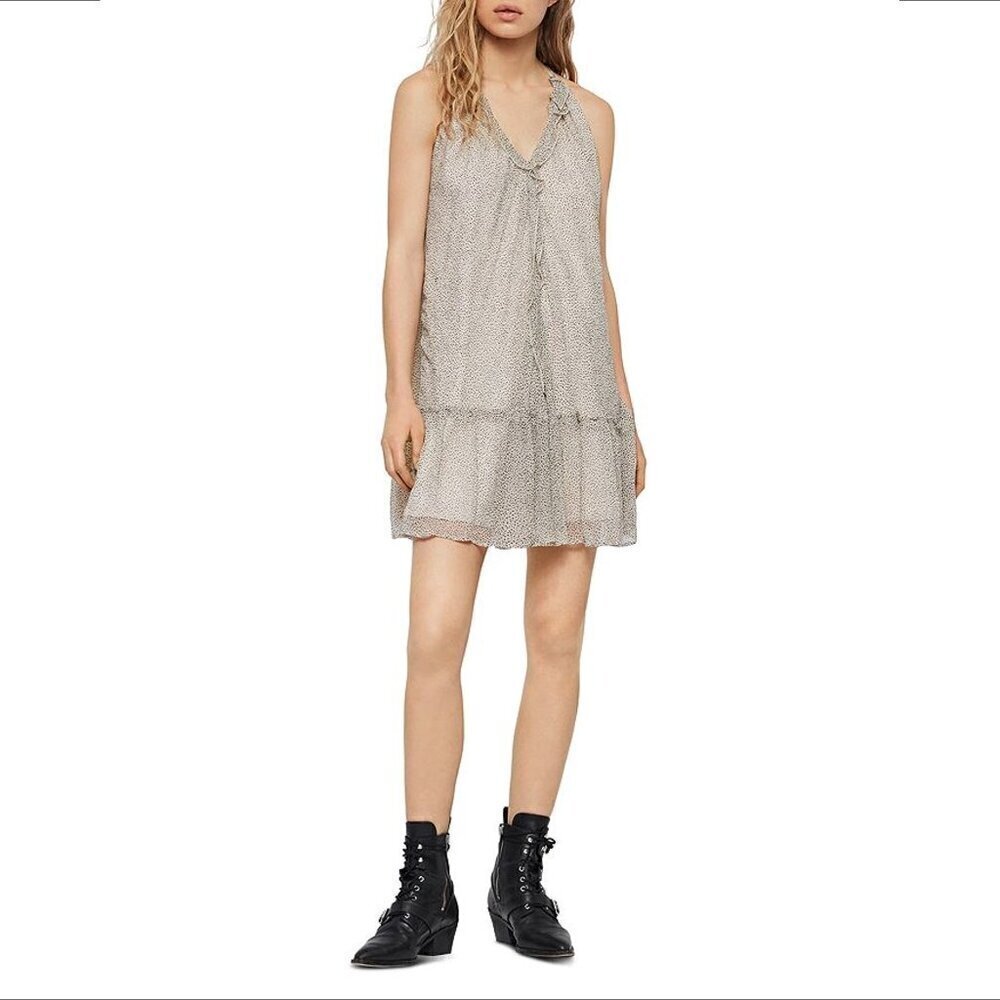 All Saints Maisie speckle dress chiffon crepe splatter shift ruffle cream Small